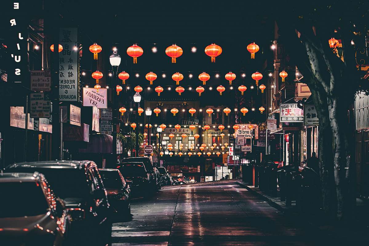 chinatown Chinese lanterns on street at night san francisco